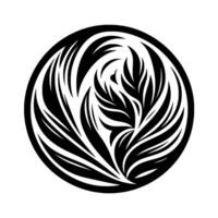 A stylized, monochromatic featuring a circular composition of black leaflike shapes, resembling a symmetrical plant or floral arrangement on a white background. vector