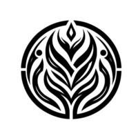 Intricate Black and White Floral Tribal Emblem within a Circular Border, Featuring LeafLike Forms, Geometric Details, and Symmetrical Composition on a Clean White Background. vector