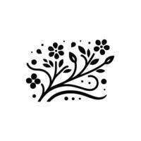 Elegant black and white floral with stylized flowers, leaves, and dots, evoking natures simplicity on a minimalist background. vector