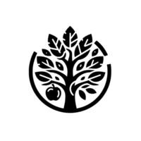 Black and white stylized tree enclosed by a circle, with an apple, leaves, and a modern minimalist aesthetic. vector