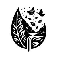 Black and White LeafShaped Composition with Nature Elements Leaves, Butterflies, and Waterfall Scene Inside. vector
