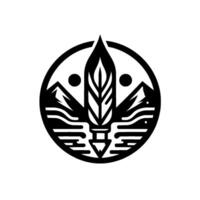 Minimalist emblem featuring a stylized feather rising between two mountain peaks, contained within a circular frame, with geometric details. vector