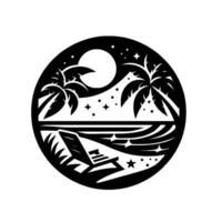 Silhouette of Tropical Beach Scene at Night Palm Trees, Moon, Stars, Waves, and Lounge Chair within a Circle. vector