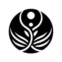 Abstract, minimalistic black and white emblem featuring a stylized plant within a circle, incorporating flowing lines and dots for a balanced, elegant composition. vector