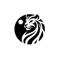 A stylized lions head profile within a circle, rendered in bold black and white, with a moon, showcasing strength and elegance. vector