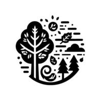 Stylized monochrome illustration of a circular nature scene, showcasing a large tree, conifer trees, sun, clouds, and falling leaves within a clean, . vector