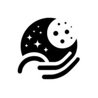 A stylized black and white featuring a crescent moon with stars and craters, cradled by curved lines suggesting a comforting embrace. vector