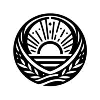 Circular Black and White Emblem A SunriseSunset with stylized sunburst, stars, and olive branches, encapsulated in a border, evoking peace and harmony. vector