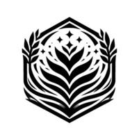 A symmetrical, geometric featuring a floral motif within a hexagonal frame, with starlike elements and symmetrical leaf branches, all rendered in black on a white background. vector