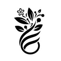 Elegant Black and White Floral Stylized Leaf Berry Motif, with Swirling Stem and Detailed Flower on Clear Background. vector