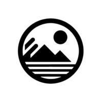 Minimalist Monochrome Landscape A circular showing mountains, sun, and stylized water lines and clouds, evoking natures serenity and simplicity. vector