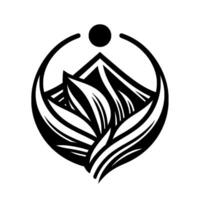 Abstract Black and White Nature Featuring Mountains, Foliage, and a Circular Sun with a Modern Minimalist Style. vector