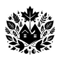 Black and White Canadianinspired illustration featuring two houses under a maple leaf, surrounded by foliage and berries, creating a circular emblem. vector