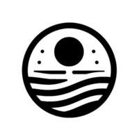 Abstract minimalist emblem featuring a stylized blackandwhite seascape sun, clouds, and ocean waves enclosed within a circular border. vector