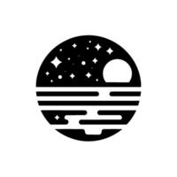 Minimalist Black and White Night Scene within a Circle, Depicting Stars, Moon, and Sea with Geometric Precision. vector