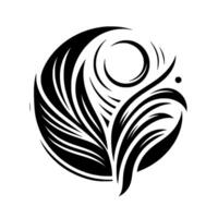 Abstract black and white circular featuring stylized feather and winglike shapes, incorporating a central circular element and a small dot, evoking a sense of fluidity. vector