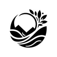 A minimalist black and white depicting a stylized landscape featuring mountains, water, and foliage within a circular frame, suggesting harmony. vector