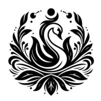 Elegant Black and White Circular Emblem Featuring a Graceful Swan Surrounded by Ornate Leafy Flourishes, Dots and Celestial Elements, on a white background. vector