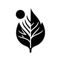 A stylized, minimalist illustration featuring a split leaf with a treelike vein structure and a black circle above it, set against a white background. vector