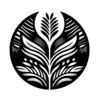 Symmetric Black and White Floral Within a Circle, Showcasing Stylized Leaves and Geometric Patterns. vector