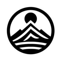 A minimalist black and white circular featuring stylized mountain peaks beneath a rising sun, conveying serenity. vector