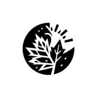 Stylized Black and White Illustration A Leafy Branch with Sunlight and Accompanying Dots Enclosed in a Circular Frame. vector