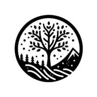 Monochromatic minimalist nature scene within a circle a tree, mountains, and forest, all rendered in a simple and clean style, suggesting tranquility. vector