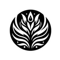 Elegant Black White Floral Crest Symmetrical Botanical Inside a Circular Frame with Drop Shape Detail. vector