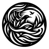 Serene Black and White Circular Composition Silhouette of a Bird in Flight, Nested in a Stylized Environment of Waves and Plants. vector