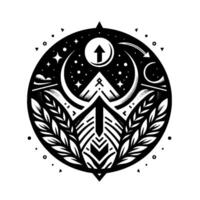 Intricate black and white circular illustration featuring upward arrow, celestial elements, foliage, and geometric patterns, suggesting growth and aspiration. vector