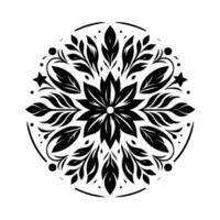 Intricate Black and White Floral Mandala A symmetrical of stylized leaves, petals, and stars radiating from a central bloom, creating a balanced, elegant pattern. vector