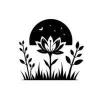 A monochrome depiction of a serene floral landscape, showcasing a stylized lotus blossom, sunlit backdrop with butterflies, and delicate plant elements set against a pristine white canvas. vector