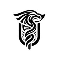 Stylized Black and White Viking Shield Emblem with an EagleLike Creature, Illustrative vector