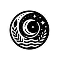 Celestial Black and White Circular Featuring Crescent Moons, Stars, Floral Elements, and Wavy Water Below a StarShaped Center. vector