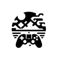 Abstract gaming landscape featuring a controller integrated within a geometric mountain and cloud , all in bold monochrome against white. vector