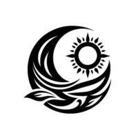 Black and white abstract featuring a crescent moon, a sunburst sun, and a stylized bird soaring through waves, perfect for a spiritual brand. vector