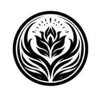 Elegant Black and White Floral Emblem in a Circle, featuring stylized lotuslike with radiating elements. vector