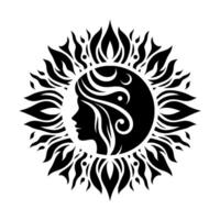 Black and white artistic illustration of a womans silhouette within a stylized sun, featuring ornamental rays and flowing hair, against a white backdrop. vector