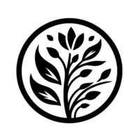 A stylized black and white circular featuring a floral with detailed leaves, buds, and a simple, modern aesthetic. vector