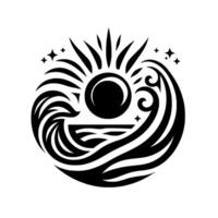 Abstract Black and White Circular Depicting a Sun Above a Sea Horizon Encompassed by Spiraling Waves and Stars. vector