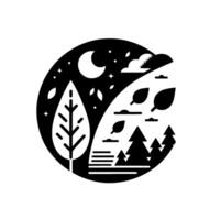 A monochrome, stylized illustration depicts a circular scene. One half shows the night with a moon, stars, and leaves. The other half displays trees, clouds, and leaves, suggesting a landscape transit vector