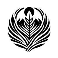 Abstract monochrome depicting a stylized feather, mountain peaks, and a sunlike element, within a circular . vector