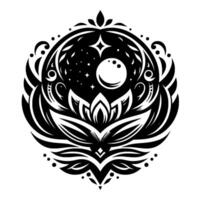 Mystical Black and White Celestial Mandala Lotus Flower, Moon, Stars, and Ornate Floral Ornament in a Circular, Symmetrical . vector
