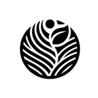 A minimalist black and white circular featuring stylized leaves, a circle, and intricate line details, set against a plain white background. vector