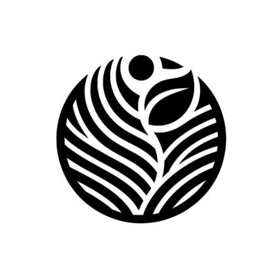 A minimalist black and white circular featuring stylized leaves, a circle, and intricate line details, set against a plain white background.