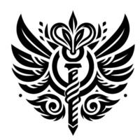 A symmetrical, stylized monochrome emblem featuring a central caduceus with wings and ornate floral elements, evoking balance and authority. vector