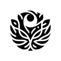 Intricate Black and White Circular Emblem Depicting Abstract Floral and Geometric Shapes with a Birdlike Silhouette vector