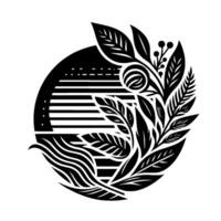 Elegant monochrome botanical featuring stylized leaves, floral elements, and geometric patterns within a circular frame, evoking organic harmony. vector