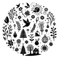 Whimsical Black and White Circular Illustration Featuring Birds, Flora, Fauna, Trees, a House, and Decorative Elements in a Charming, Stylized . vector