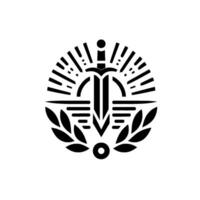 A stark black and white emblem, featuring a central sword flanked by laurel leaves, surrounded by stylized sunburst rays, creating a symbol of strength and honor. vector
